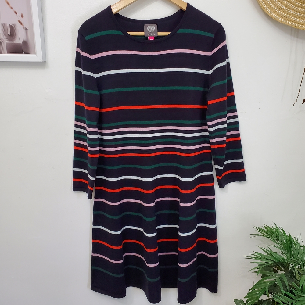 Vince Camuto Navy Striped Multicolour Women's Knit Dress, Size Large